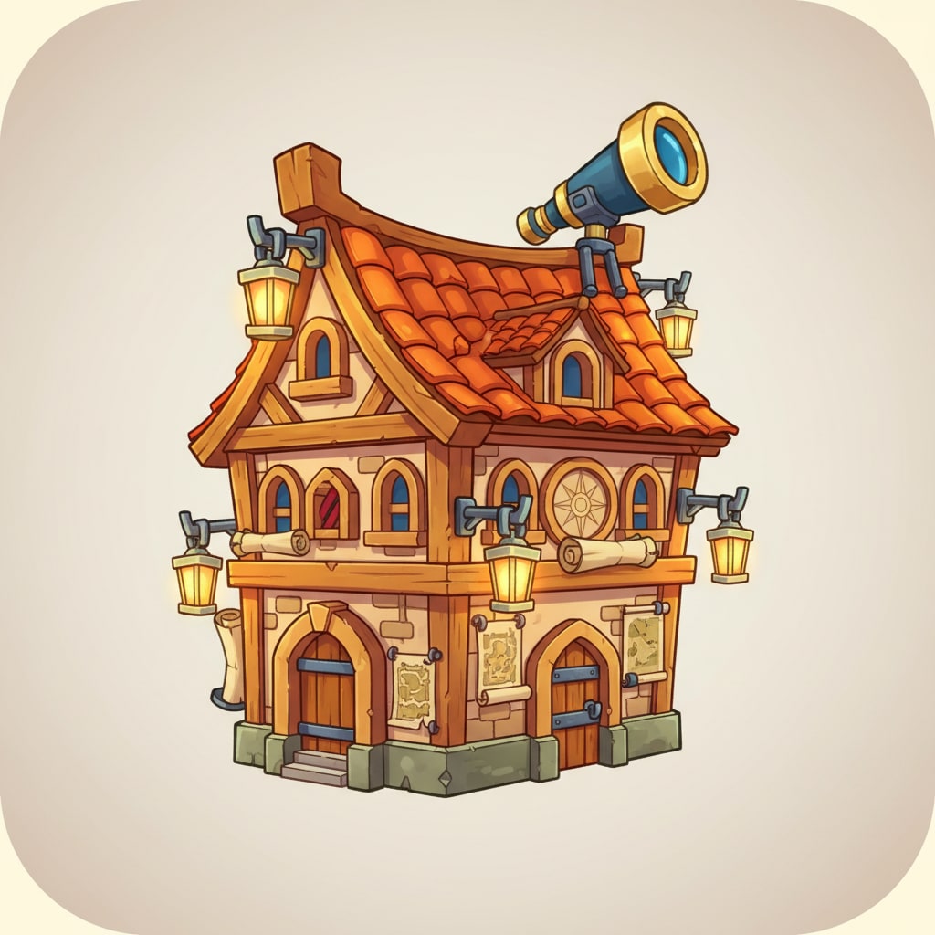 Image: cartoon fantasy medieval guild hall game icon, war
