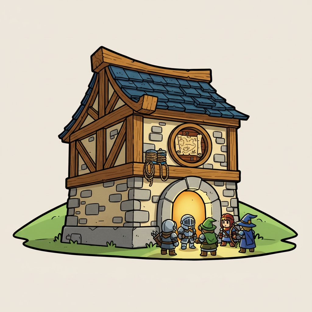 Image: cartoon fantasy medieval guild hall game icon, war