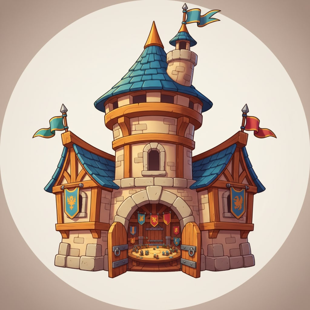 Image: cartoon fantasy medieval guild hall game icon, war