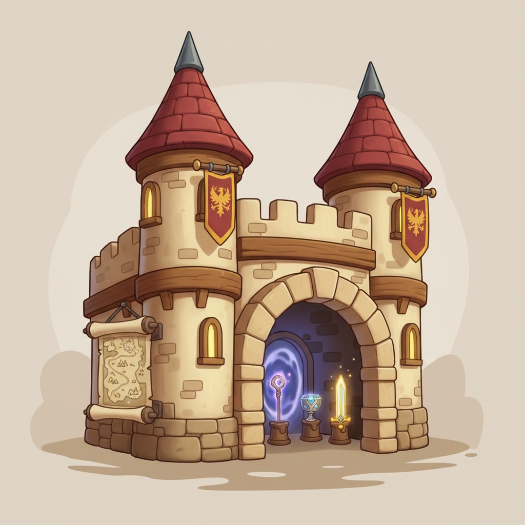 Image: cartoon fantasy medieval guild hall game icon, war