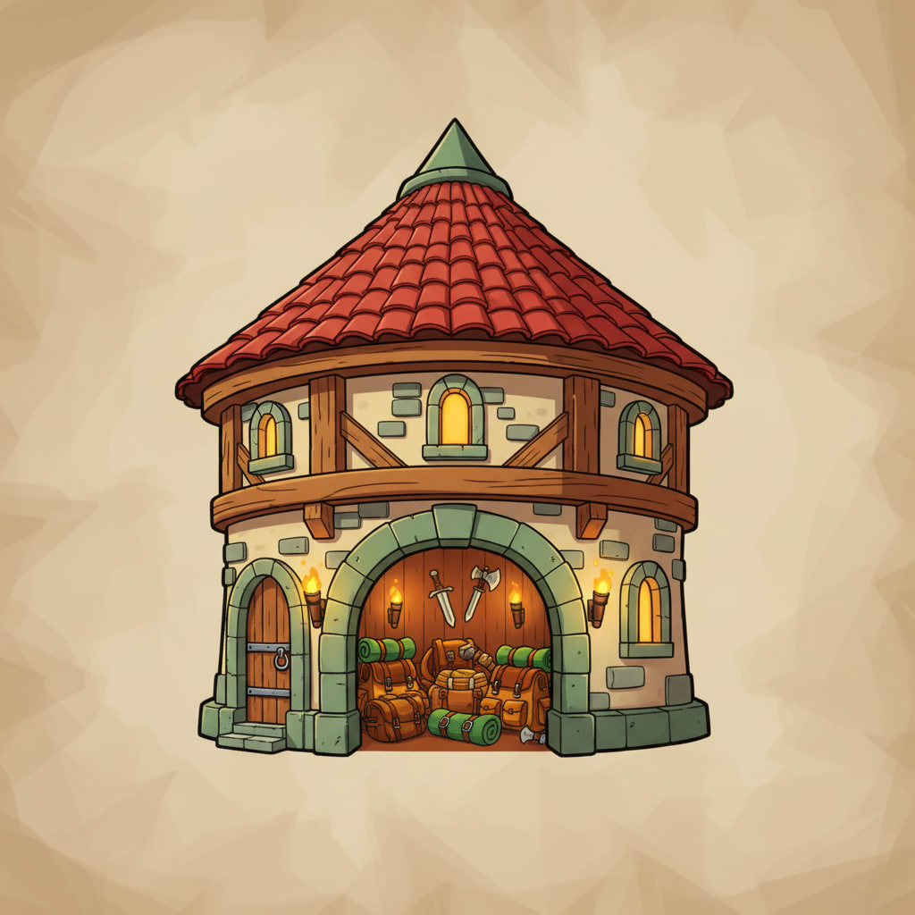 Image: cartoon fantasy medieval guild hall game icon, war