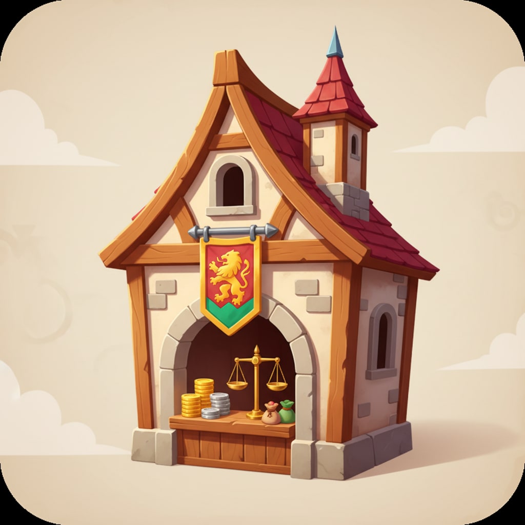 Image: cartoon fantasy medieval guild hall game icon, war