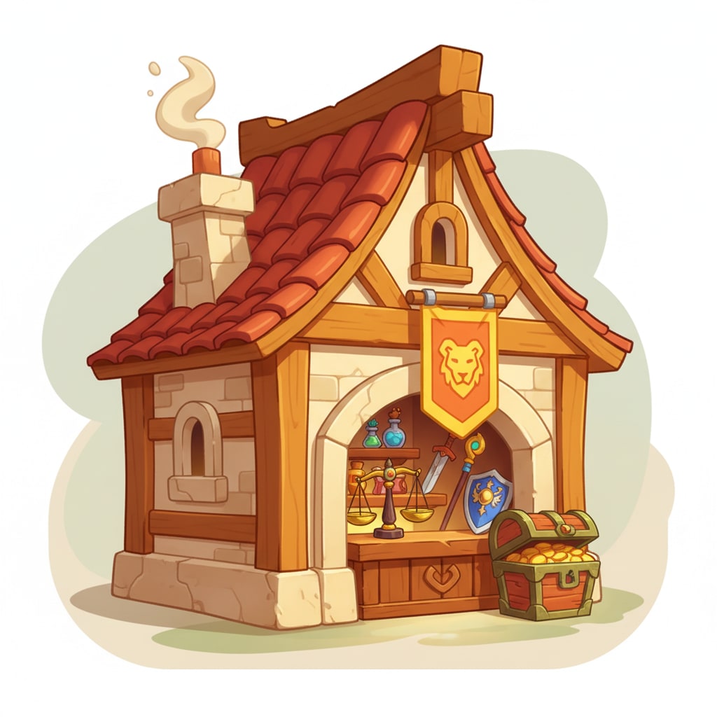 Image: cartoon fantasy medieval guild hall game icon, war