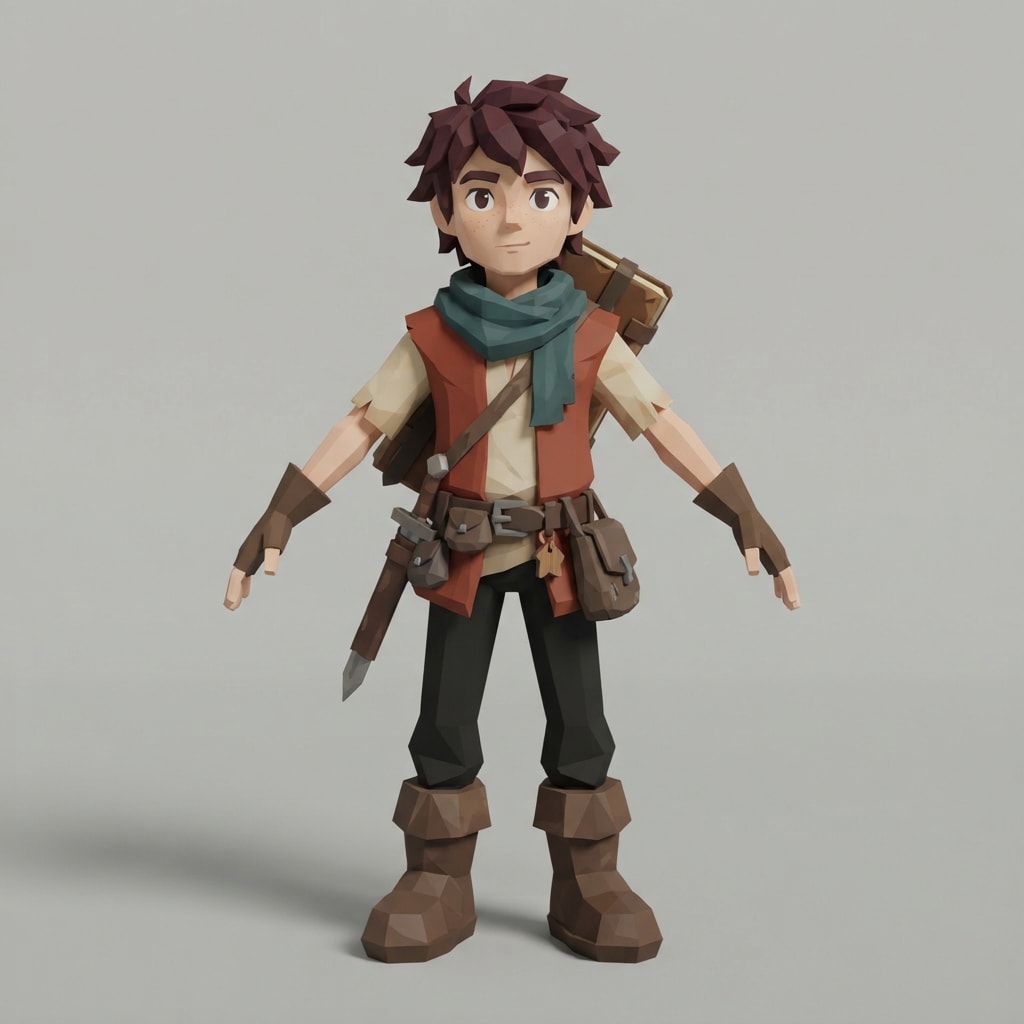 Image: Low-poly 3D character model reference sheet, singl