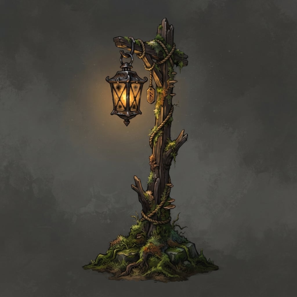 Image: A small rustic wooden lantern post with a warm amb