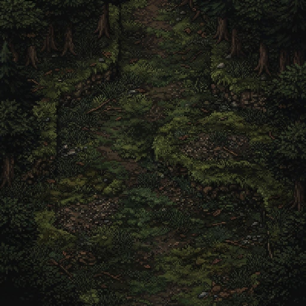 Image: Top-down aerial view of a dark mossy forest floor 
