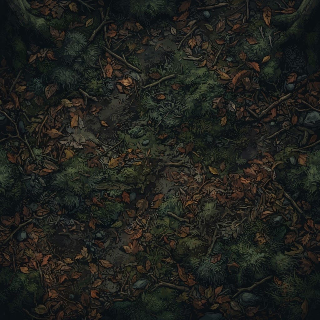 Image: A dark forest floor covered in moss, dirt patches,