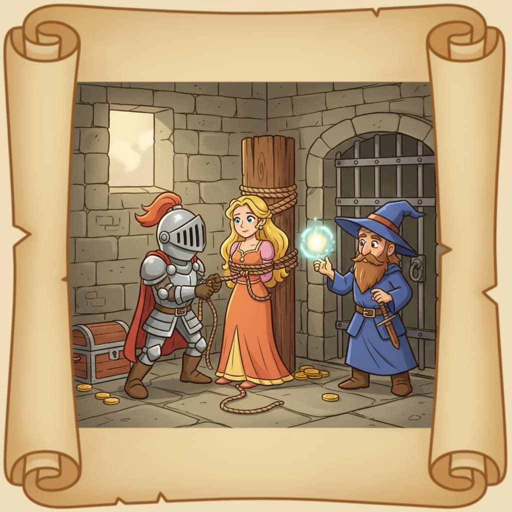 Image: Cartoon fantasy medieval quest icon, heroes rescui