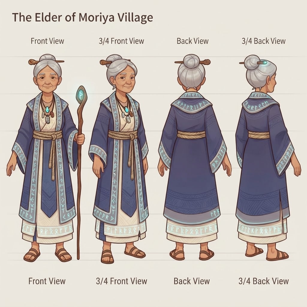 Image: Full-body character turnaround reference of "The E