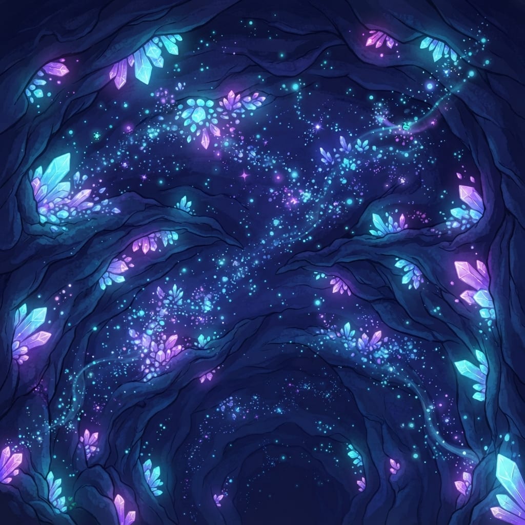 Image: A wide painterly backdrop of a vast underground ca