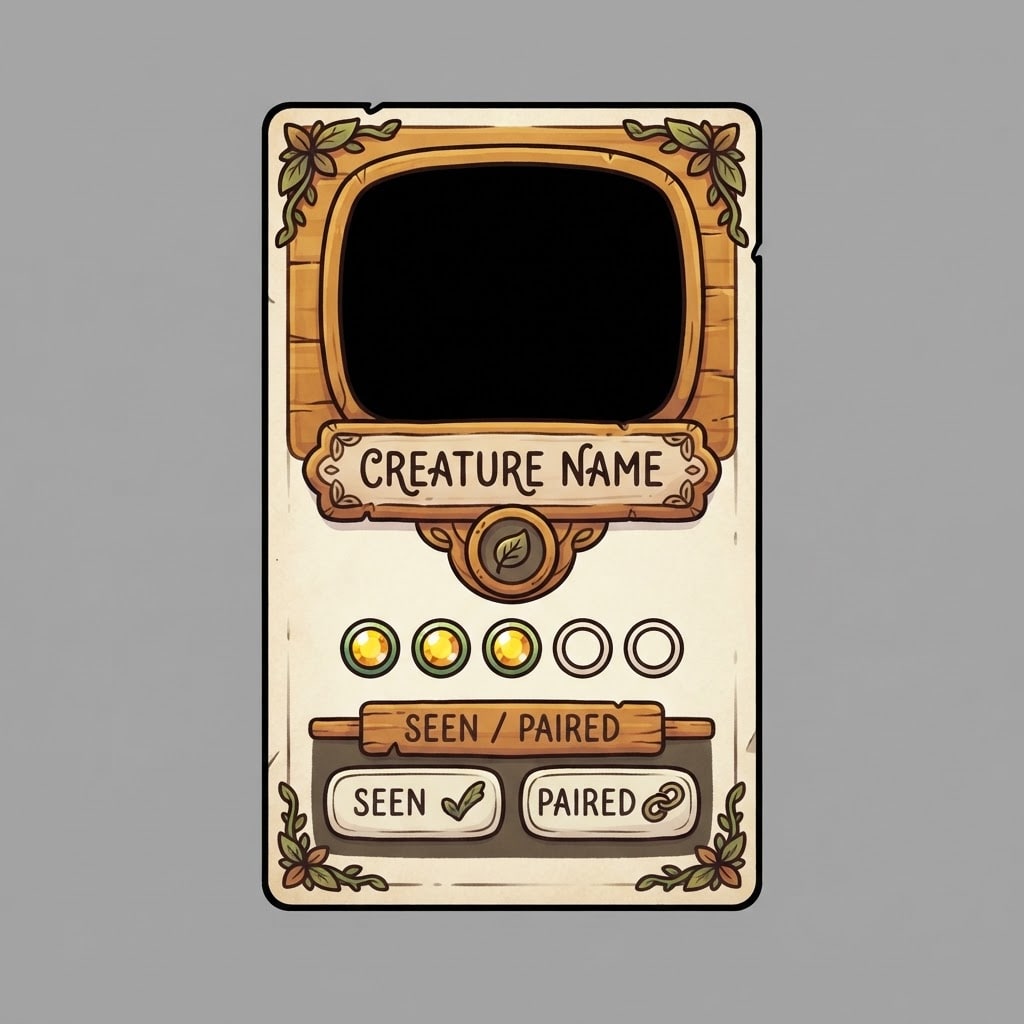 Image: A single storybook creature-dossier card frame, co