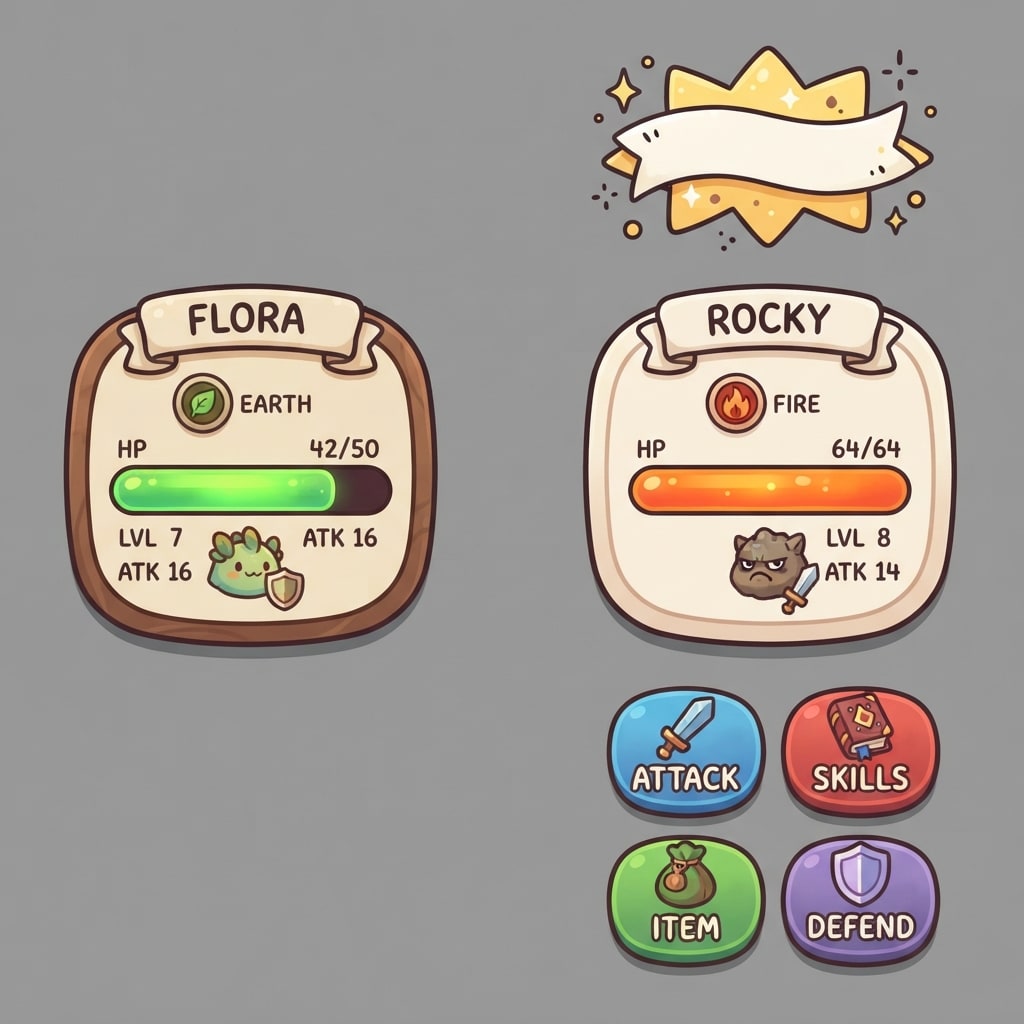 Image: Battle screen overlay UI sheet, cozy hand-painted