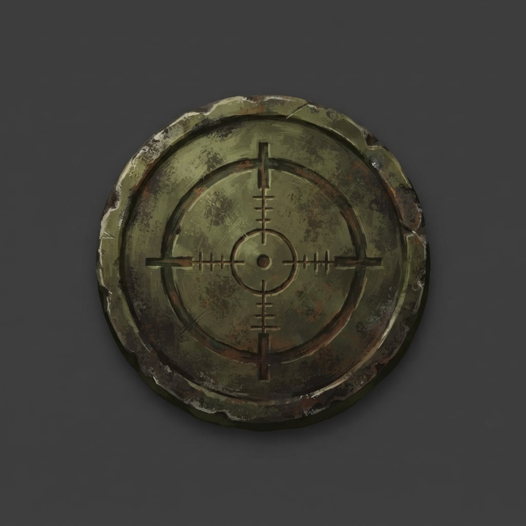 Image: Hand-painted circular skill-tree icon. A weathered