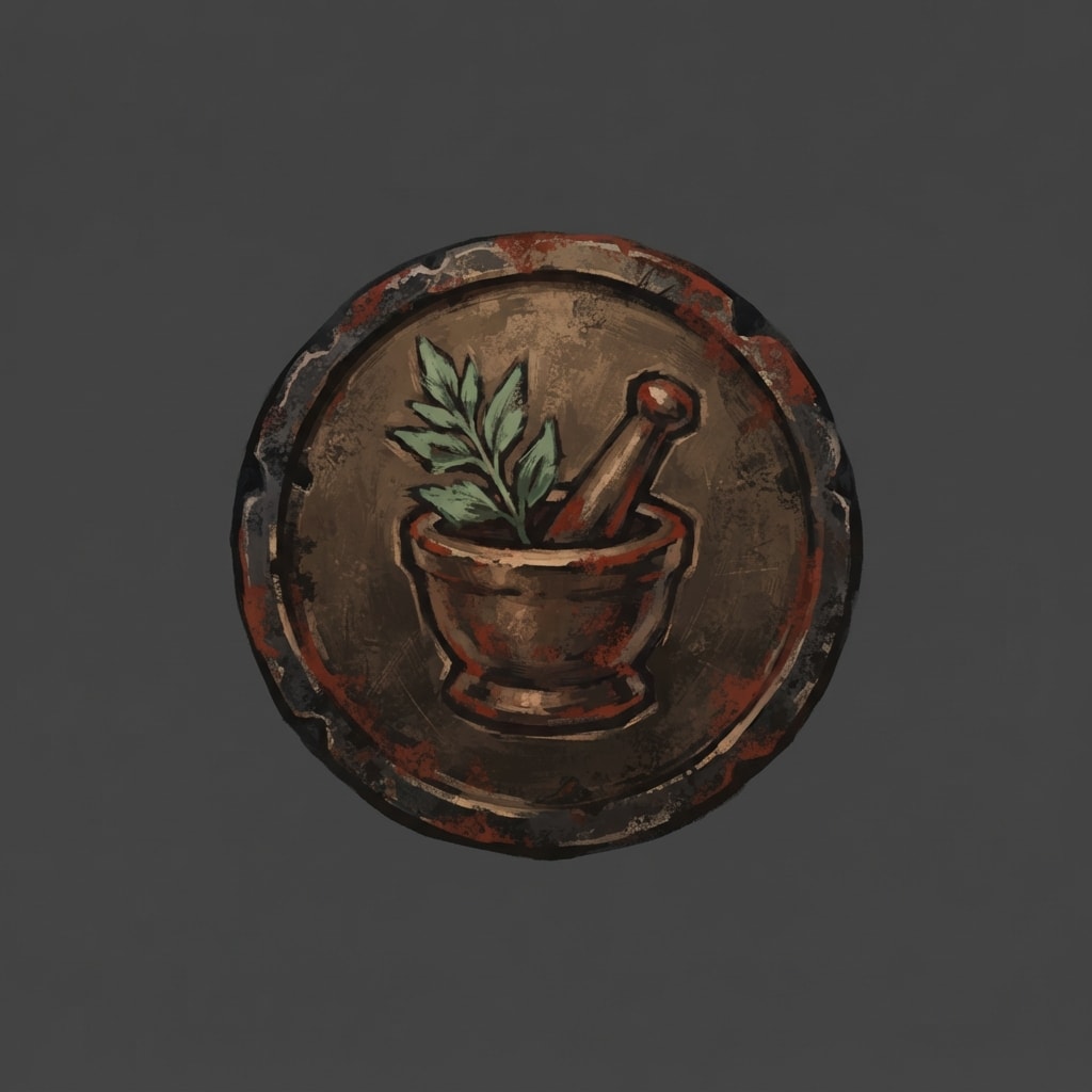 Image: Hand-painted circular skill-tree icon, a weathered