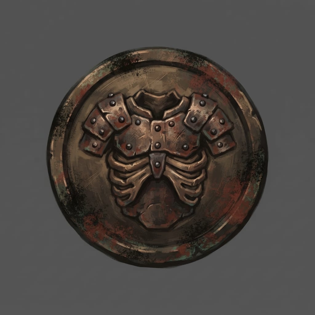 Image: Hand-painted circular skill-tree icon, a weathered