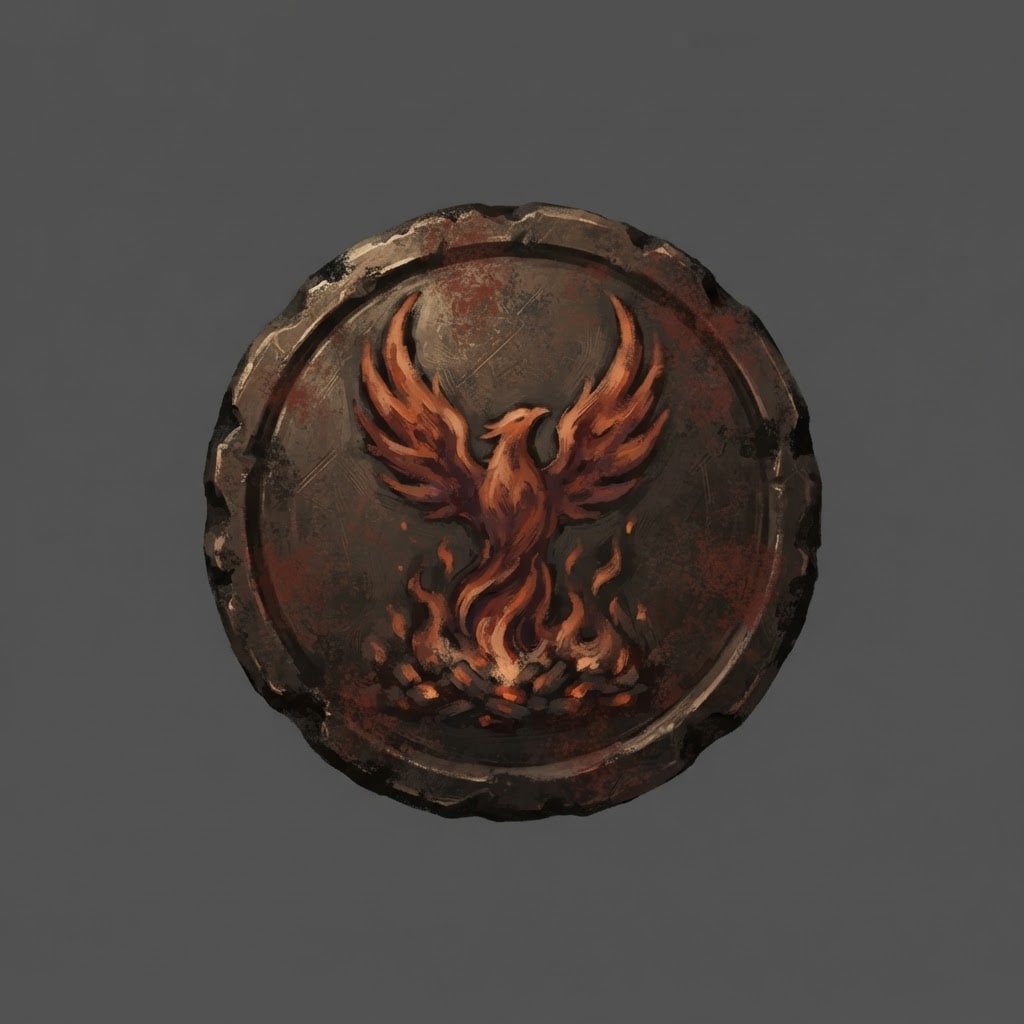 Image: Hand-painted circular skill-tree icon, a weathered