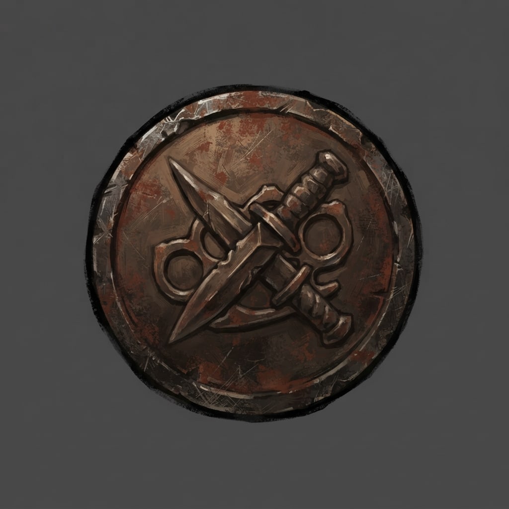 Image: Hand-painted circular skill-tree icon, a weathered