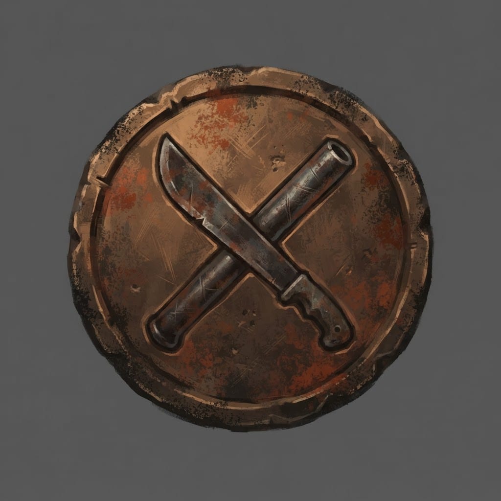 Image: Hand-painted circular skill-tree icon, a weathered