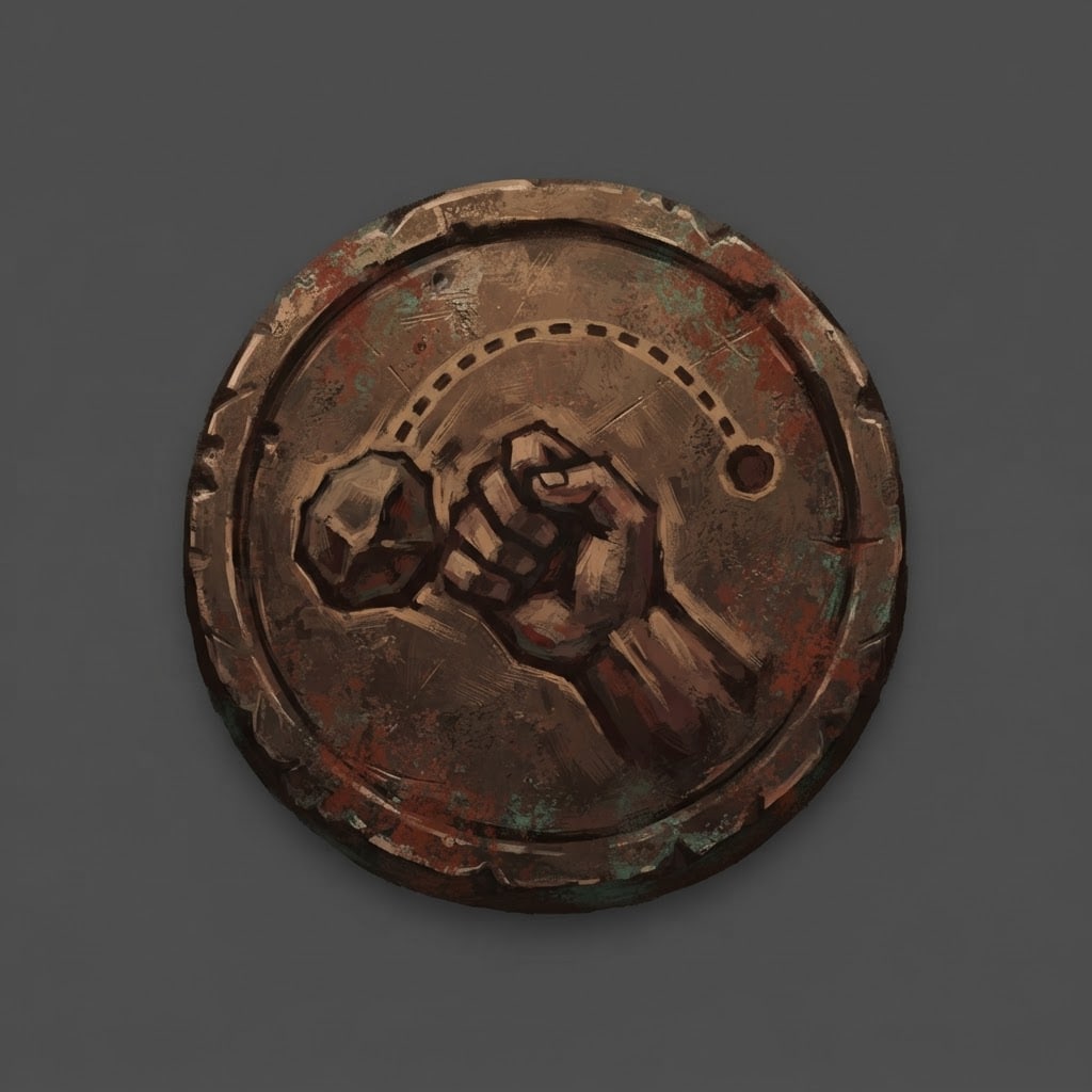 Image: Hand-painted circular skill-tree icon, a weathered