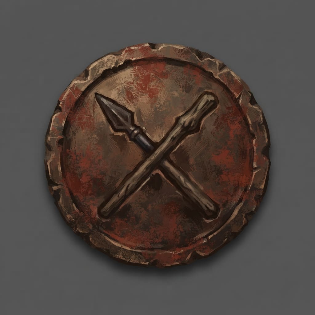 Image: Hand-painted circular skill-tree icon, a weathered
