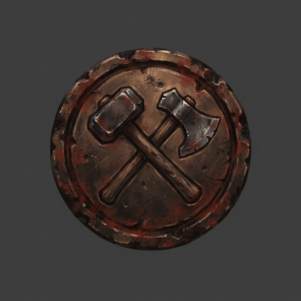 Image: Hand-painted circular skill-tree icon, a weathered
