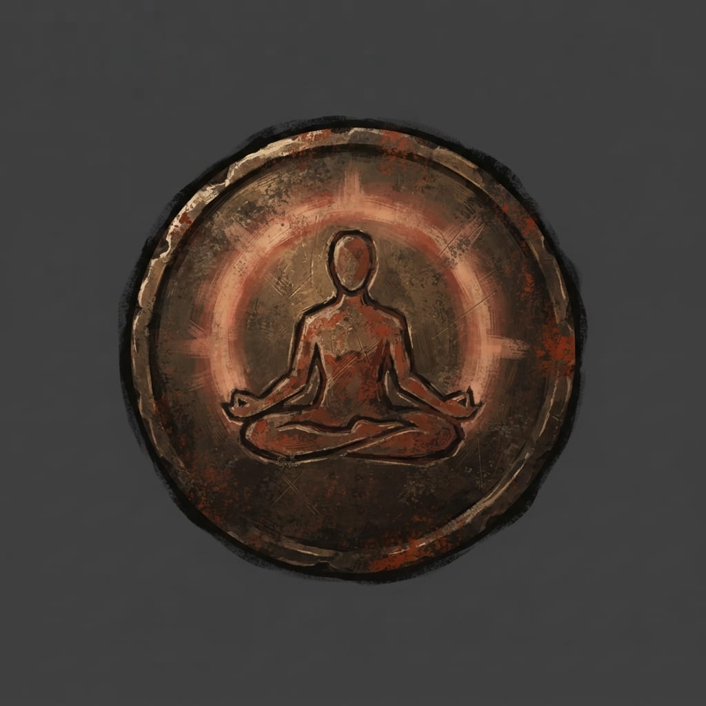 Image: Hand-painted circular skill-tree icon, a weathered