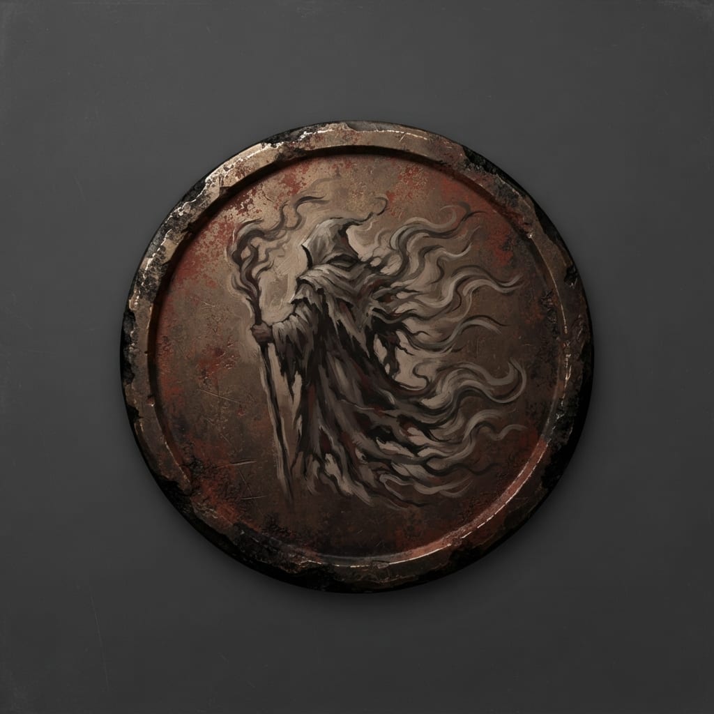 Image: Hand-painted circular skill-tree icon, a weathered