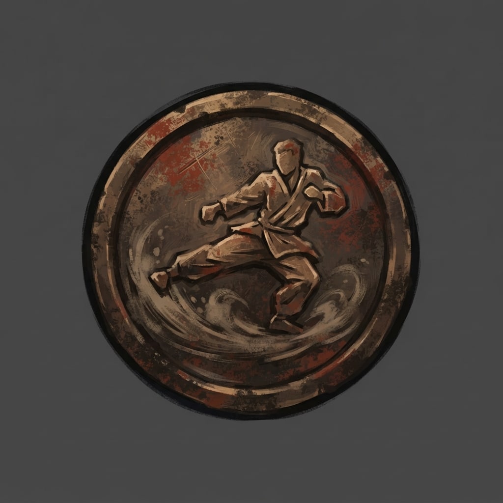Image: Hand-painted circular skill-tree icon, a weathered