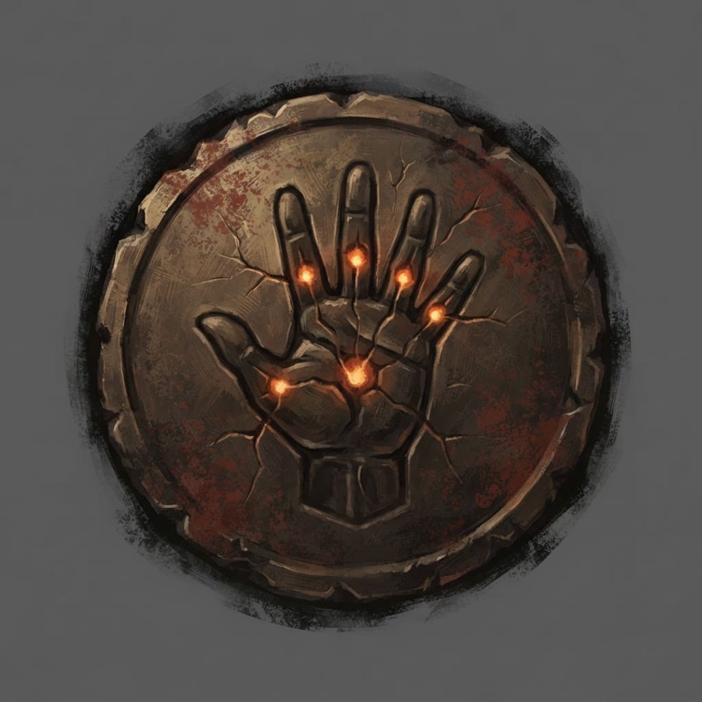 Image: Hand-painted circular skill-tree icon, a weathered