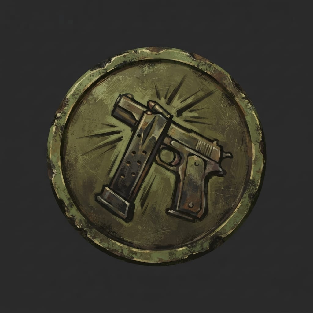 Image: Hand-painted circular skill-tree icon, a weathered