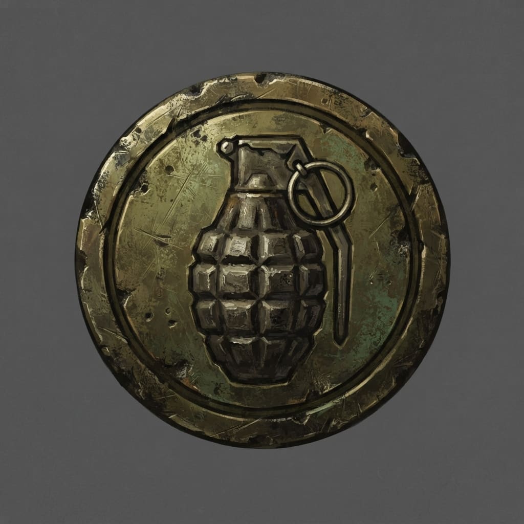 Image: Hand-painted circular skill-tree icon, a weathered