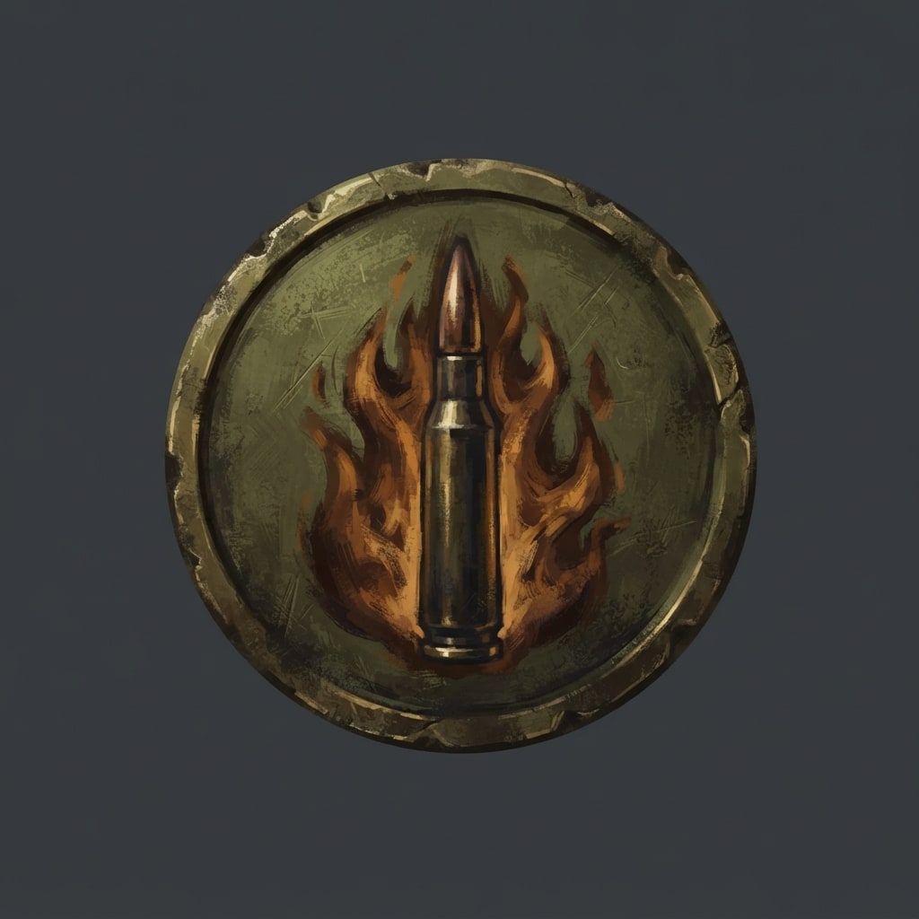 Image: Hand-painted circular skill-tree icon, a weathered
