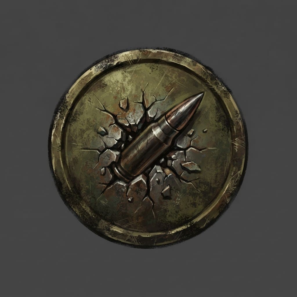 Image: Hand-painted circular skill-tree icon, a weathered