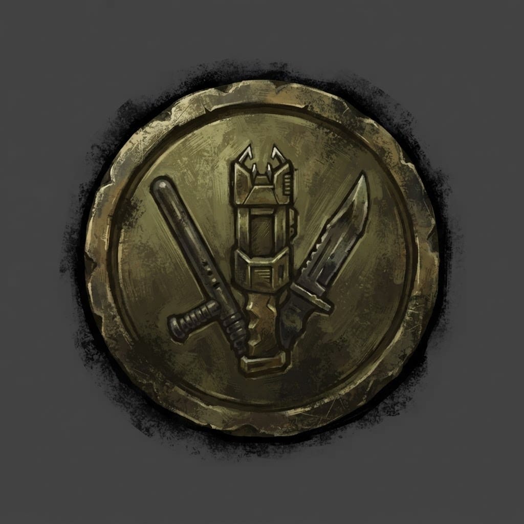 Image: Hand-painted circular skill-tree icon, a weathered