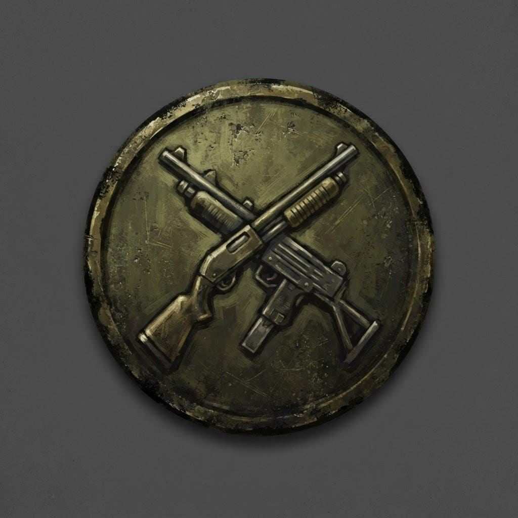 Image: Hand-painted circular skill-tree icon, a weathered