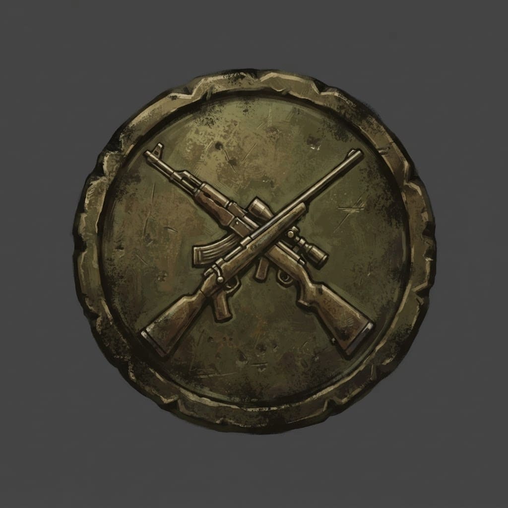 Image: Hand-painted circular skill-tree icon, a weathered
