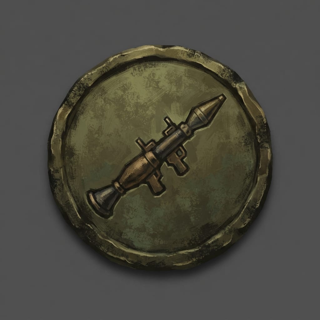 Image: Hand-painted circular skill-tree icon, a weathered