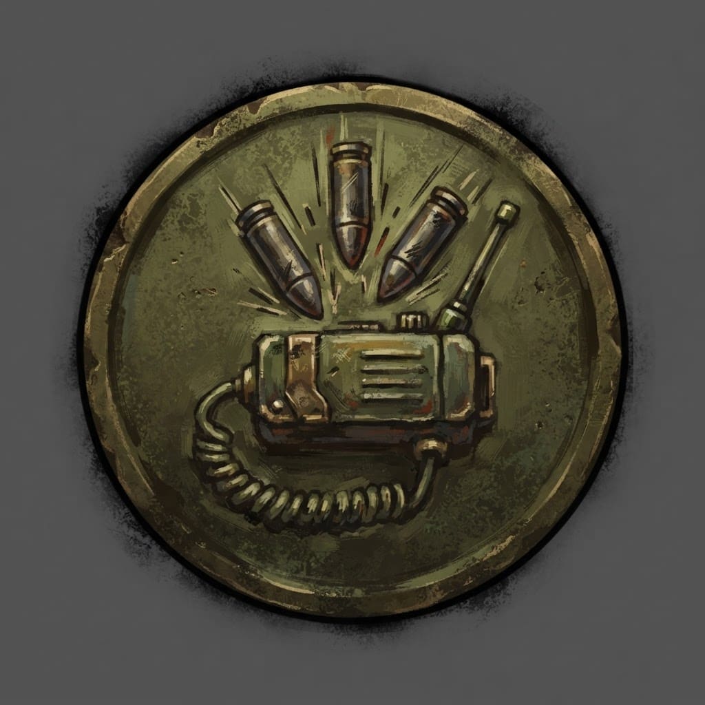 Image: Hand-painted circular skill-tree icon, a weathered