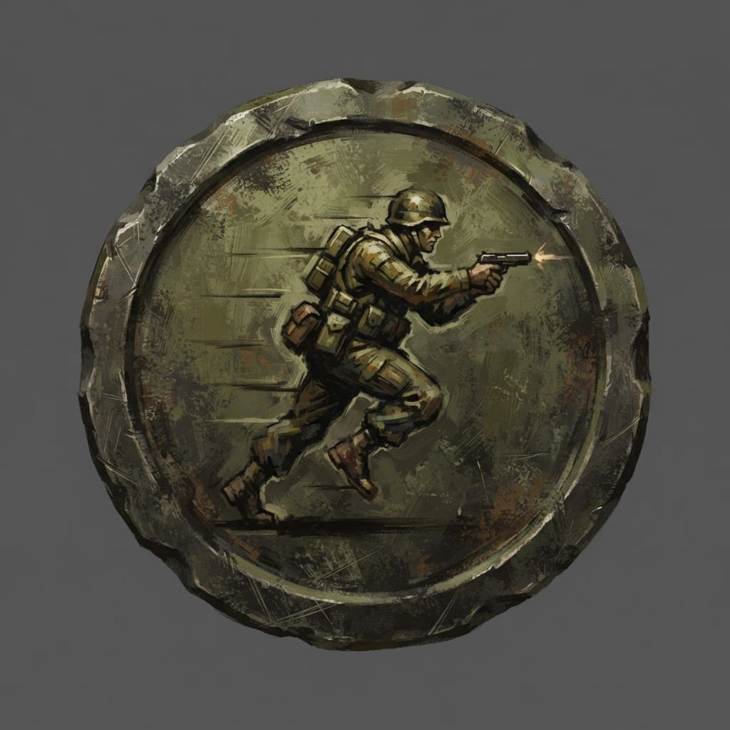 Image: Hand-painted circular skill-tree icon, a weathered