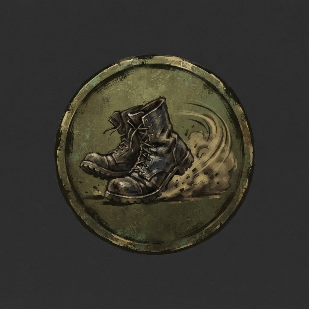 Image: Hand-painted circular skill-tree icon, a weathered