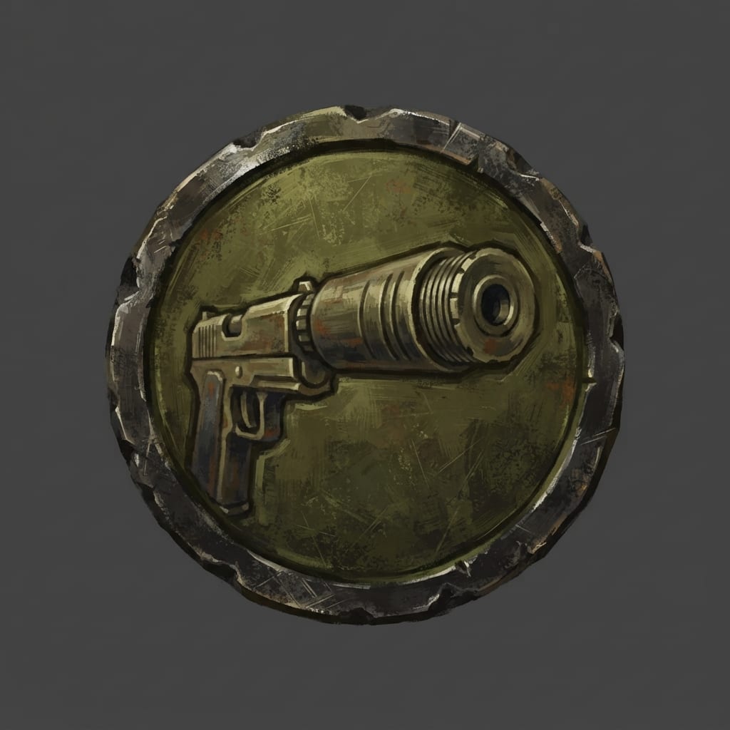 Image: Hand-painted circular skill-tree icon, a weathered