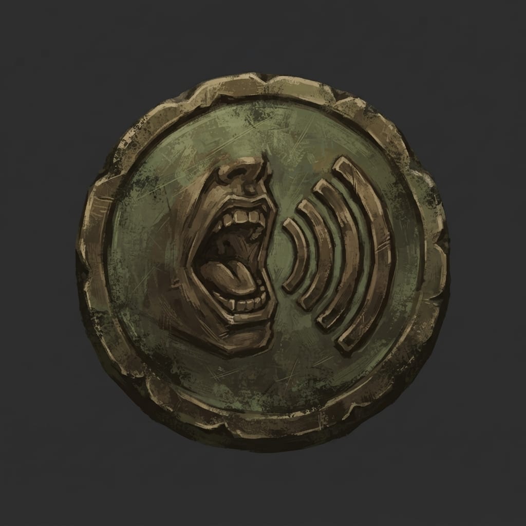 Image: Hand-painted circular skill-tree icon, a weathered
