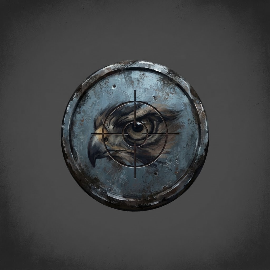 Image: Hand-painted circular skill-tree icon, a weathered