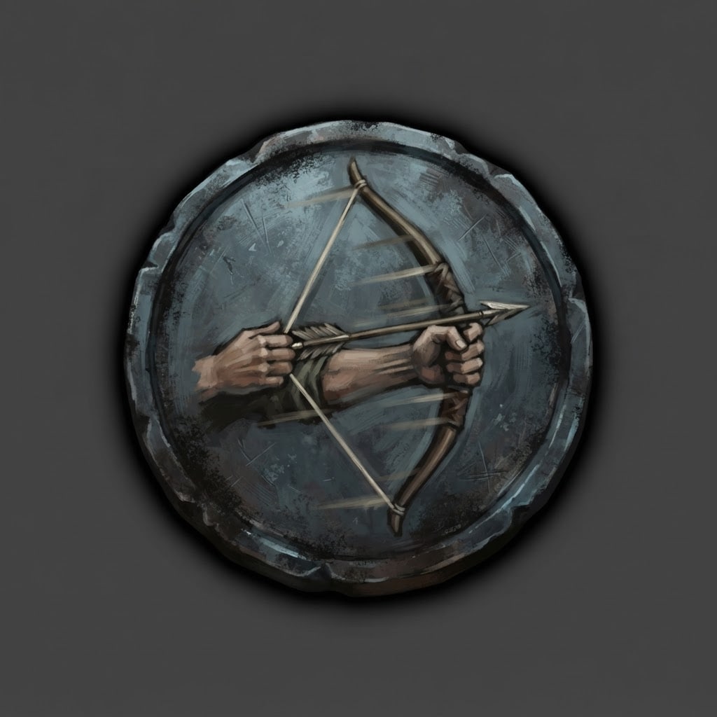 Image: Hand-painted circular skill-tree icon, a weathered