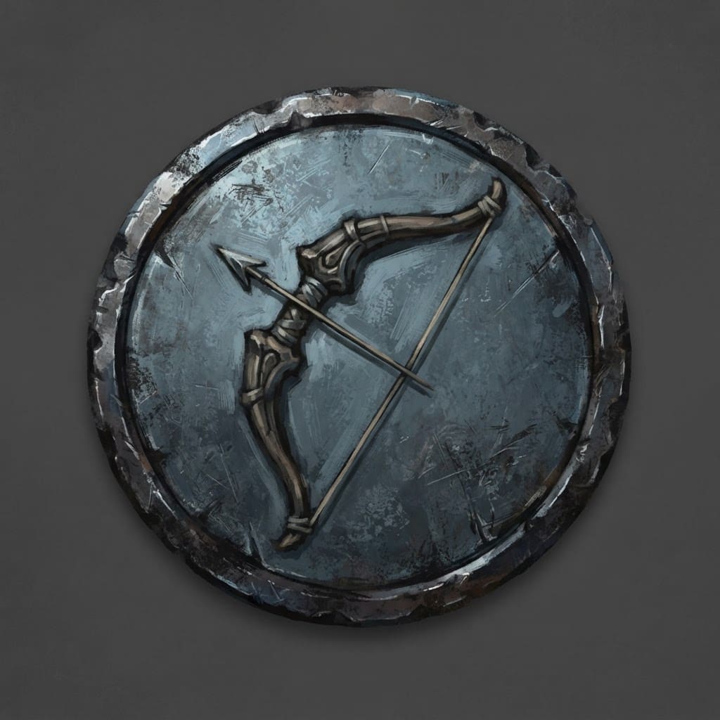 Image: Hand-painted circular skill-tree icon, a weathered
