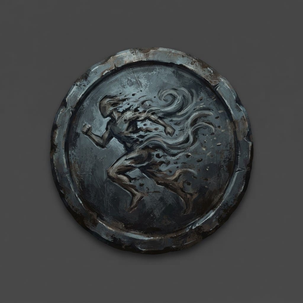 Image: Hand-painted circular skill-tree icon, a weathered