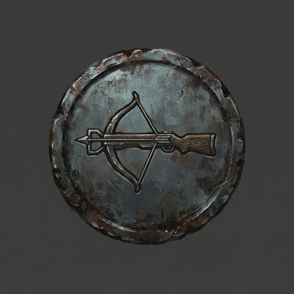 Image: Hand-painted circular skill-tree icon, a weathered