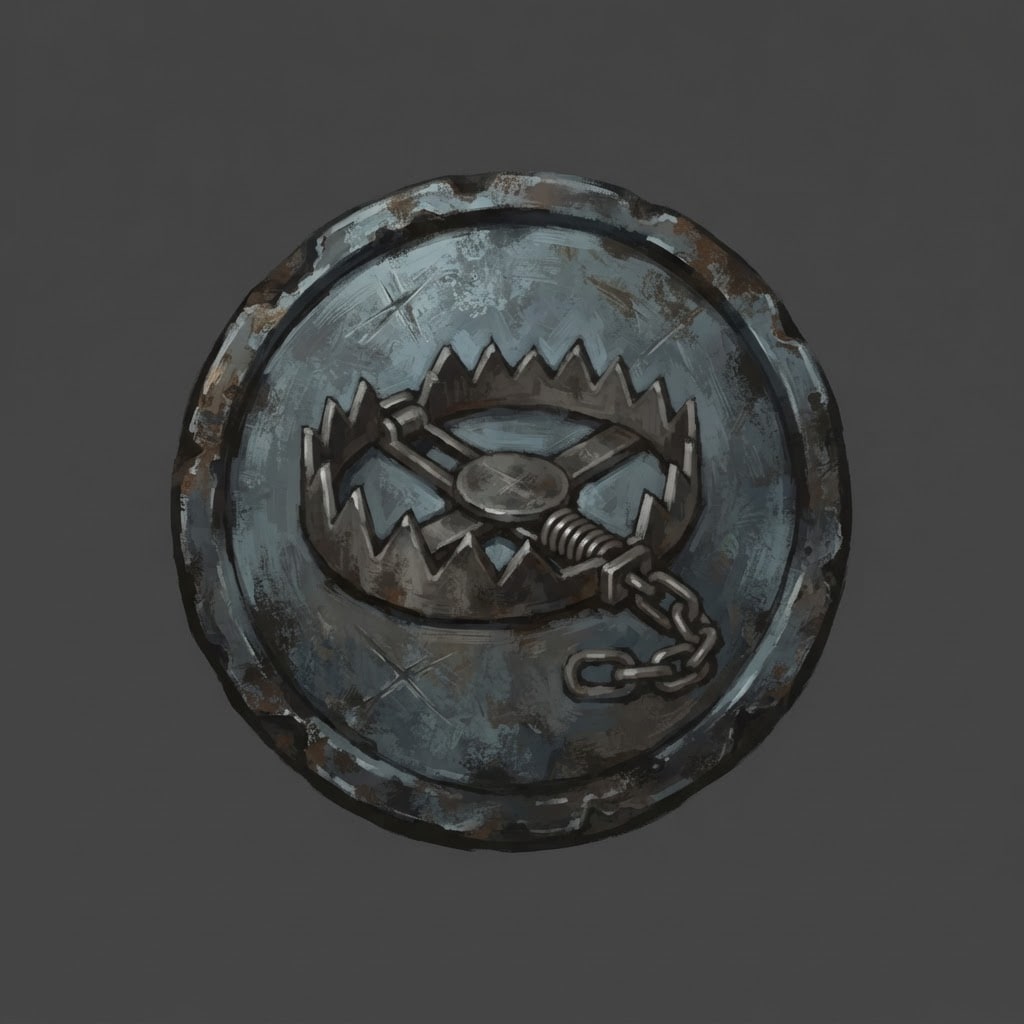 Image: Hand-painted circular skill-tree icon, a weathered