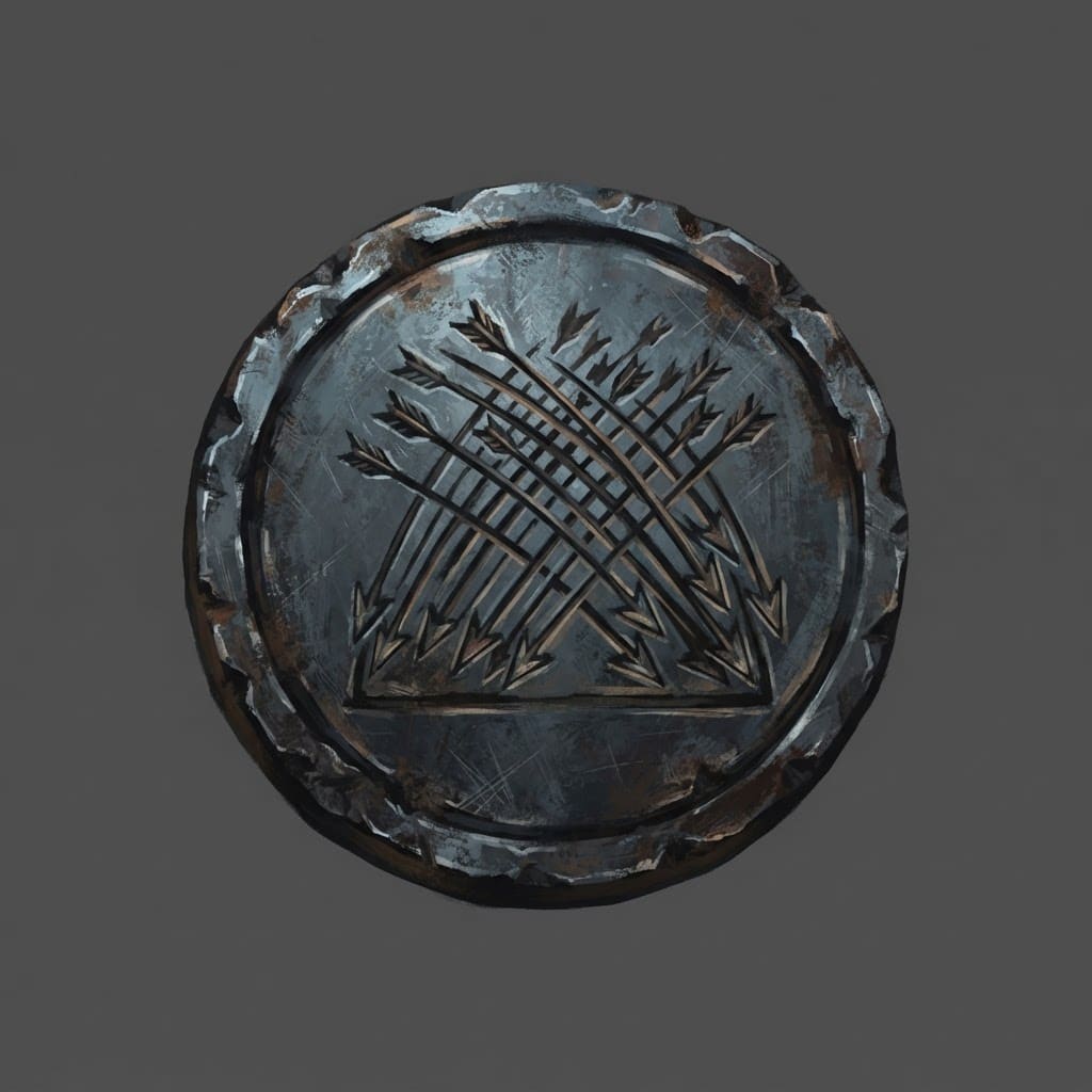 Image: Hand-painted circular skill-tree icon, a weathered
