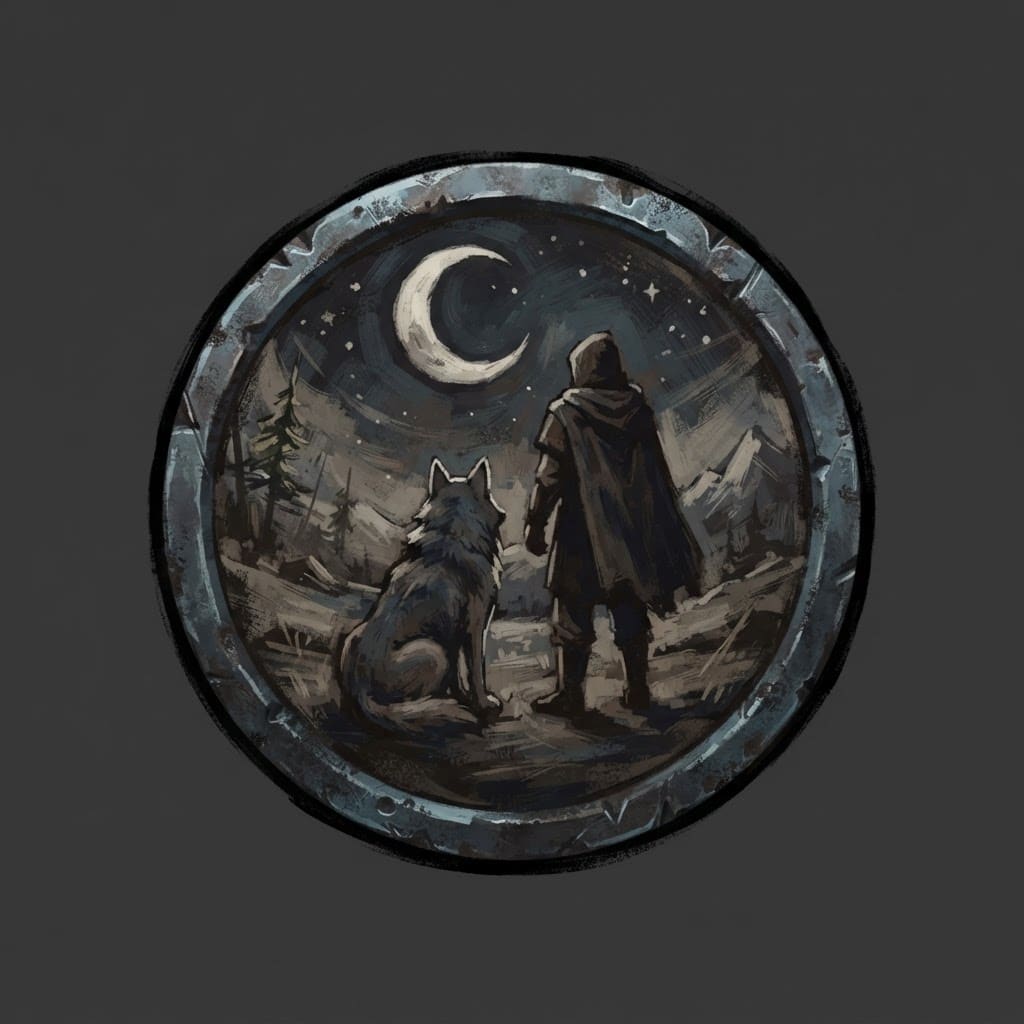 Image: Hand-painted circular skill-tree icon, a weathered